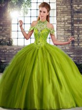 Hot Selling Olive Green Ball Gowns Halter Top Sleeveless Tulle Brush Train Lace Up Beading Quince Ball Gowns