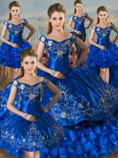 Noble Royal Blue 15 Quinceanera Dress Sweet 16 and Quinceanera with Embroidery and Ruffled Layers Off The Shoulder Sleeveless Lace Up