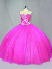 Stylish Sleeveless Floor Length Beading Lace Up Sweet 16 Dresses with Fuchsia