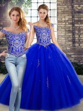  Royal Blue Lace Up 15th Birthday Dress Beading Sleeveless Floor Length