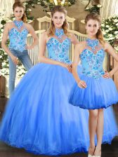  Blue Sleeveless Embroidery Floor Length Sweet 16 Dresses