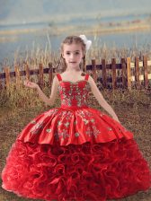 Glorious Straps Sleeveless Fabric With Rolling Flowers Little Girls Pageant Dress Embroidery Sweep Train Lace Up
