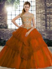 Classical Off The Shoulder Sleeveless Brush Train Lace Up Sweet 16 Dresses Rust Red Tulle