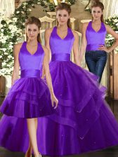 Luxurious Purple Lace Up Halter Top Ruffles Quinceanera Gowns Tulle Sleeveless