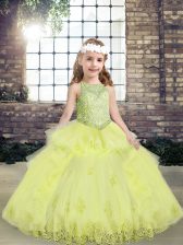 Custom Made Scoop Sleeveless Lace Up Little Girls Pageant Gowns Yellow Green Tulle