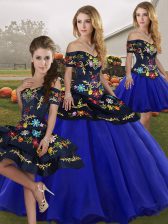  Royal Blue Lace Up Vestidos de Quinceanera Embroidery Sleeveless Floor Length