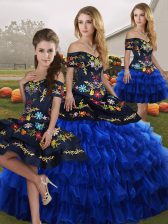 Charming Blue And Black Lace Up Vestidos de Quinceanera Embroidery and Ruffled Layers Sleeveless Floor Length