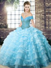  Aqua Blue Organza Lace Up Ball Gown Prom Dress Sleeveless Brush Train Beading and Ruffled Layers