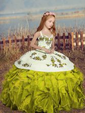 Glorious Olive Green Organza Lace Up Pageant Dress for Girls Sleeveless Floor Length Embroidery and Ruffles