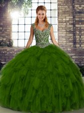 Fitting Olive Green Ball Gowns Straps Sleeveless Organza Floor Length Lace Up Beading and Ruffles Ball Gown Prom Dress