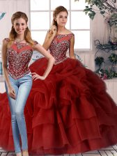  Wine Red Sleeveless Beading and Pick Ups Zipper Quinceanera Gown