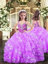  Floor Length Lace Up Little Girl Pageant Dress Lilac for Party and Sweet 16 and Wedding Party with Beading and Ruffles