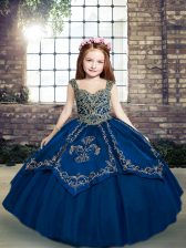  Straps Sleeveless Little Girl Pageant Gowns Floor Length Beading and Embroidery Blue Tulle