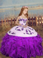 Dramatic Purple Ball Gowns Organza Straps Sleeveless Embroidery Floor Length Lace Up Little Girls Pageant Dress