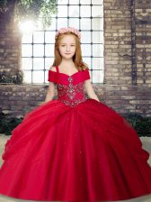  Beading Little Girls Pageant Gowns Red Lace Up Sleeveless Floor Length