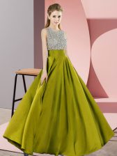 Superior Olive Green Backless Scoop Beading Evening Dress Elastic Woven Satin Sleeveless