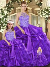  Sleeveless Organza Floor Length Lace Up Quinceanera Gowns in Purple with Beading and Ruffles