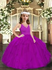  Purple Ball Gowns V-neck Sleeveless Tulle Floor Length Zipper Ruffles Little Girls Pageant Dress Wholesale