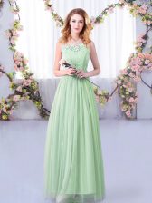 Pretty Sleeveless Floor Length Lace and Belt Side Zipper Dama Dress with Apple Green