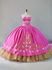 Sumptuous Rose Pink Ball Gowns Sweetheart Sleeveless Satin Floor Length Lace Up Embroidery Quince Ball Gowns