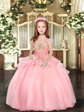  Floor Length Pink Little Girls Pageant Dress Straps Sleeveless Lace Up