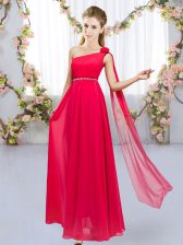  Red Empire Chiffon One Shoulder Sleeveless Beading and Hand Made Flower Floor Length Lace Up Quinceanera Dama Dress