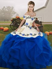 Luxurious Floor Length Royal Blue Sweet 16 Dresses Tulle Sleeveless Embroidery and Ruffles