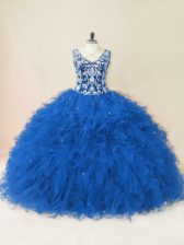  Ball Gowns 15 Quinceanera Dress Blue V-neck Tulle Sleeveless Backless