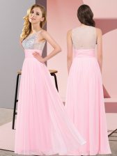 Admirable Baby Pink Empire Beading Quinceanera Court Dresses Side Zipper Chiffon Sleeveless Floor Length