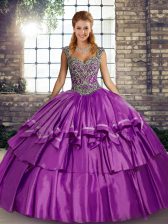 Stunning Purple Lace Up Quinceanera Dress Beading and Ruffled Layers Sleeveless Floor Length
