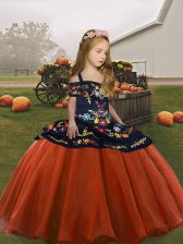Low Price Sleeveless Organza Floor Length Lace Up Little Girls Pageant Dress Wholesale in Rust Red with Embroidery