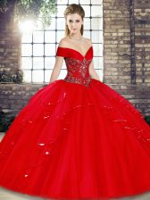 High End Red Quinceanera Dress Military Ball and Sweet 16 and Quinceanera with Beading and Ruffles Off The Shoulder Sleeveless Lace Up