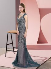 Romantic Sweep Train Mermaid Dress for Prom Teal V-neck Tulle Sleeveless Zipper