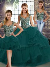 High Quality Peacock Green Three Pieces Tulle Straps Sleeveless Beading and Ruffles Floor Length Lace Up Quinceanera Gown