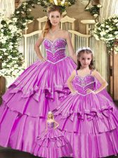  Lilac Ball Gowns Taffeta Sweetheart Sleeveless Beading and Ruffled Layers Floor Length Lace Up Quince Ball Gowns