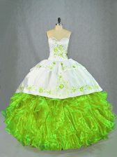  Green Ball Gowns Satin and Organza Sweetheart Sleeveless Beading and Embroidery Lace Up Quinceanera Dresses Brush Train