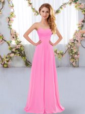  Sleeveless Chiffon Floor Length Lace Up Vestidos de Damas in Rose Pink with Ruching