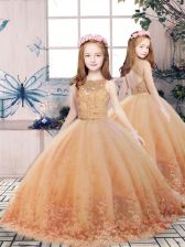  Gold Tulle Backless Kids Pageant Dress Sleeveless Floor Length Lace and Appliques