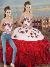 Shining Floor Length Lace Up 15 Quinceanera Dress White And Red for Military Ball and Sweet 16 and Quinceanera with Embroidery and Ruffles and Bowknot