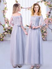 Grey Half Sleeves Lace and Belt Floor Length Court Dresses for Sweet 16