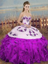  White And Purple Organza Lace Up Sweetheart Sleeveless Floor Length Quince Ball Gowns Embroidery and Ruffles and Bowknot