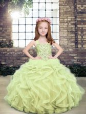 Elegant Straps Sleeveless Evening Gowns Floor Length Beading and Ruffles Yellow Green Tulle
