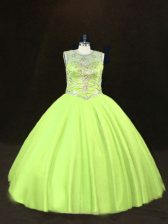 Modest Yellow Green Ball Gowns Beading Quinceanera Gown Lace Up Tulle Sleeveless Floor Length
