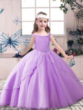Fashion Lavender Sleeveless Floor Length Beading Lace Up Little Girl Pageant Gowns