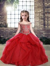 Excellent Floor Length Ball Gowns Sleeveless Red Girls Pageant Dresses Lace Up