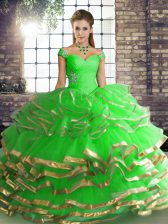  Green Ball Gowns Tulle Off The Shoulder Sleeveless Beading and Ruffled Layers Floor Length Lace Up 15th Birthday Dress