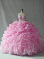  Baby Pink Strapless Lace Up Beading and Ruffles and Pick Ups Vestidos de Quinceanera Brush Train Sleeveless