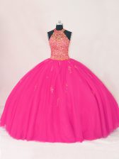  Floor Length Lace Up Vestidos de Quinceanera Hot Pink for Sweet 16 and Quinceanera with Beading and Appliques