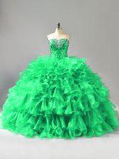Dazzling Green Ball Gowns Sweetheart Sleeveless Organza Lace Up Beading and Ruffles Quince Ball Gowns