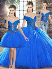Glittering Beading Vestidos de Quinceanera Royal Blue Lace Up Sleeveless Brush Train